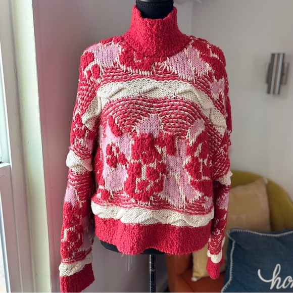 Zara Jacquard Sweater Red Pink Medium - Picture 4 of 8